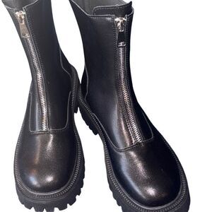 Black Zippered Vegan Leather Combat Punk Boots